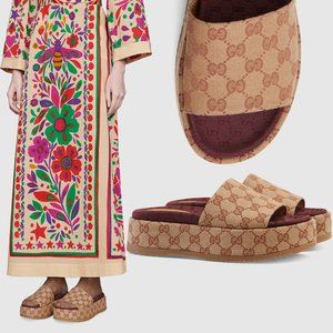 GUCCI SHOES ANGELINA GG SUPREME BEIGE CANVAS PLATFORM SLIDE